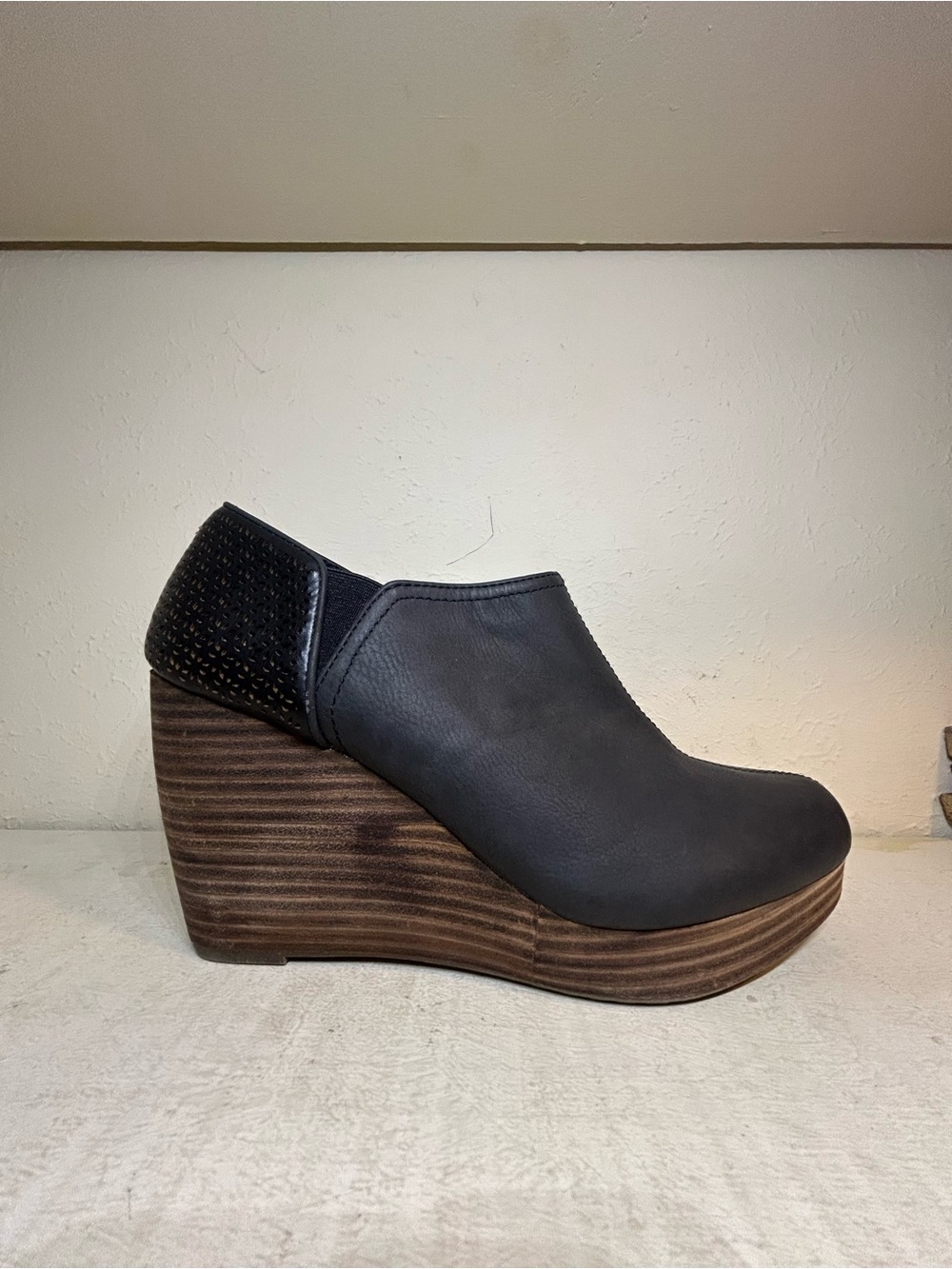Dr. Scholl's Black Wedge Ankle Shoe with Wood-Effect Platform
